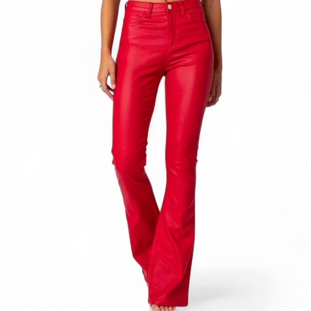 Edikted Red Faux Leather Flared Pants